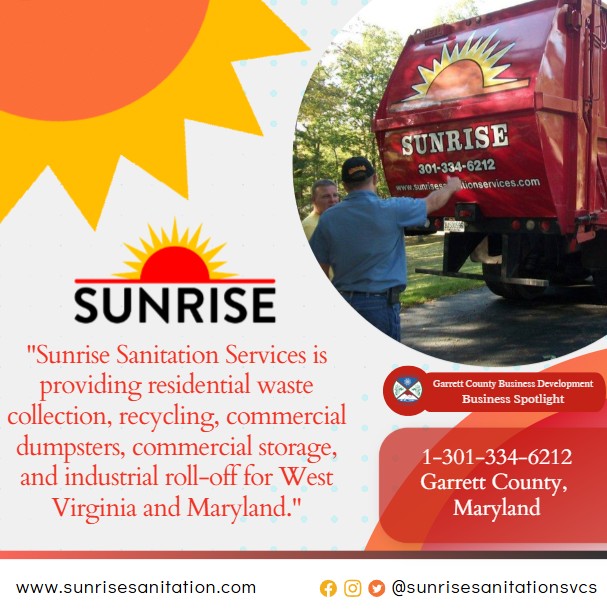 Today's Business Spotlight ☀️ is on Sunrise Sanitation!
Visit them at www.sunrisesanitation.com or Sunrise Sanitation Services 
Follow us to see more daily Garrett County Business Spotlights! 
If you are interested in having your business featured contact Connor Norman at cnorman@garrettcountymd.gov. #businessdevelopment #garrettcountymd